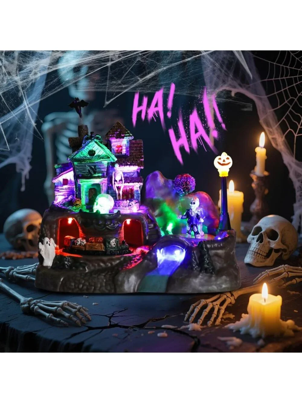 Lighted Haunted House Decor with Animated Train, Skull, Ghost & Pumpkin